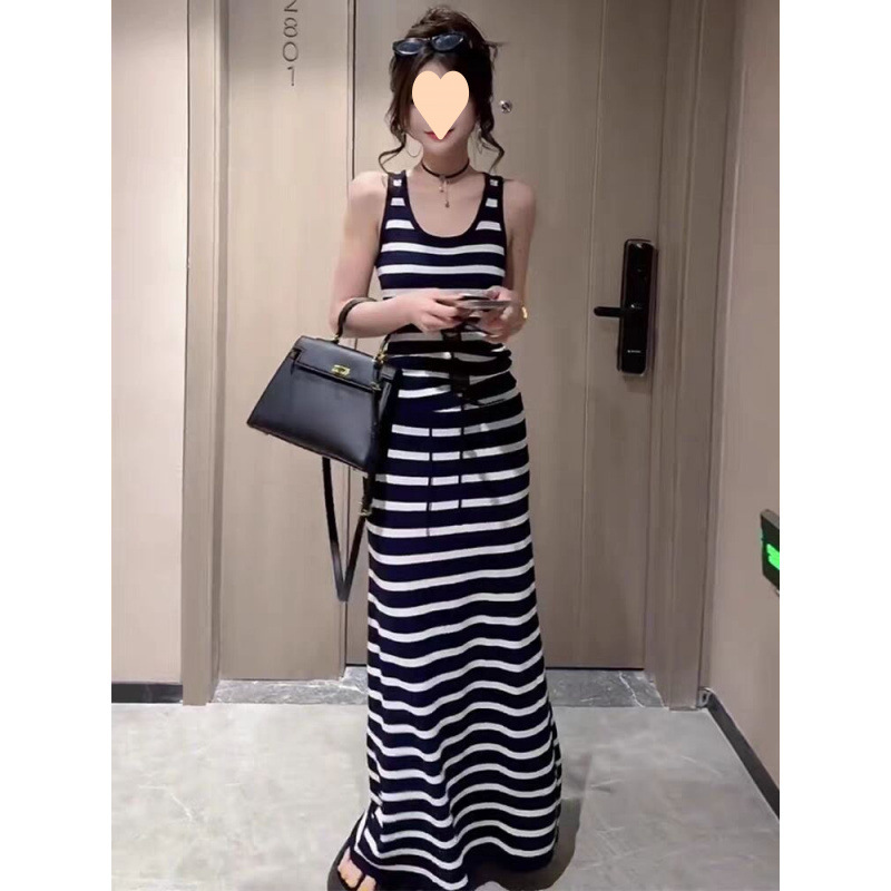 设计感撞色条纹针织背心高腰半身裙两件套装女2025夏季穿搭一整套