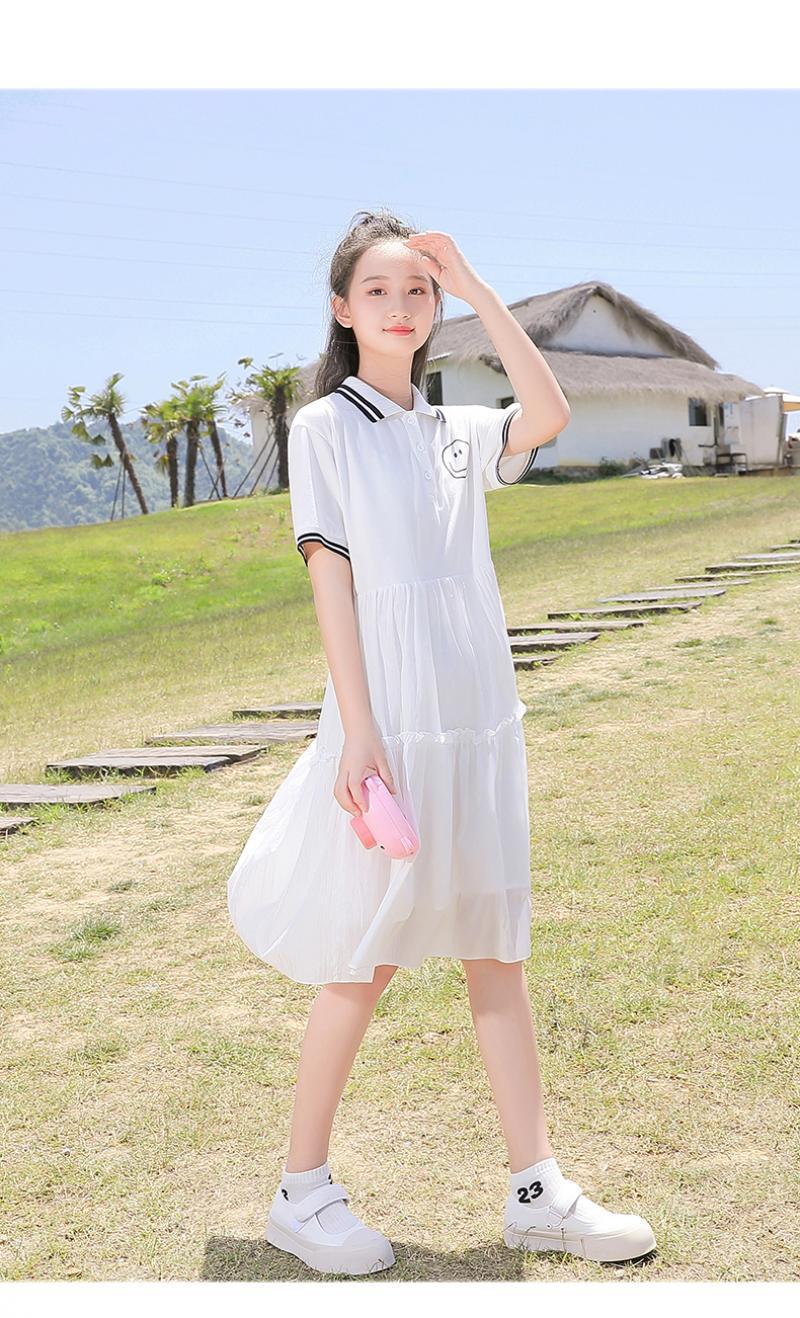 高中学生连衣裙大童夏装新款初中生少女白色polo纱裙子2109119