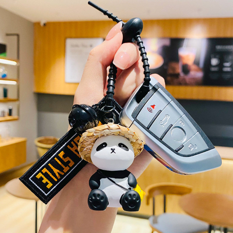 Genuine Straw Hat Little Friend Panda Series Creative Cartoon Hand Rope Keychain Bell Pendant Small Gift Wholesale