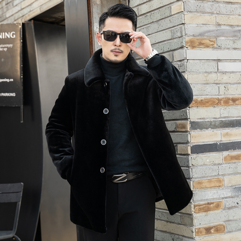 冬季貂毛外套中长款男士翻领纽扣貂皮大衣卡貂绒皮草加厚保暖上衣