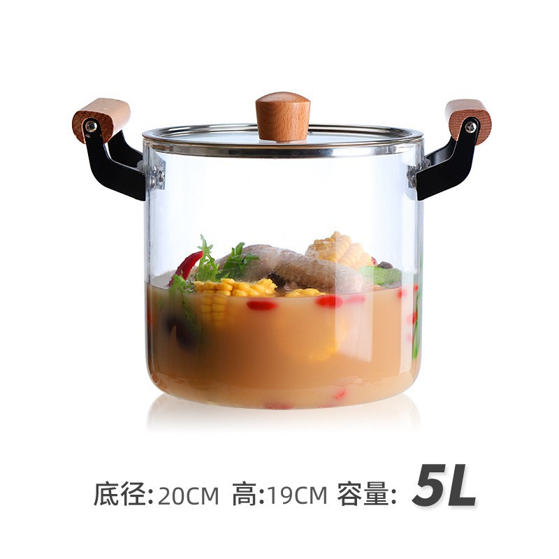Wholesale Thickened Borosilicate Heat-Resistant Glass Wooden Handle Pot Electric Ceramic Stove Open Fire Heating Glass Pot Soup Cooking Noodle Pot