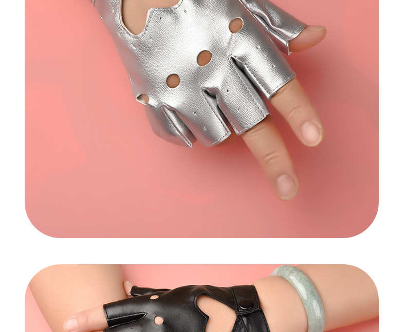 半指皮手套女露指半截韩版朋克街舞演出半指手套个性街头皮手套