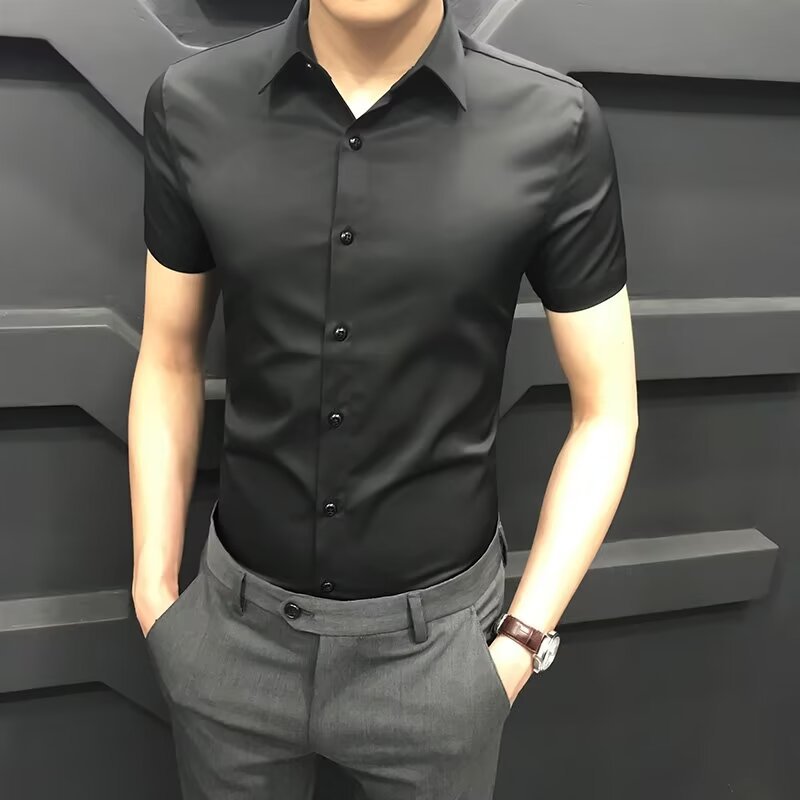 高档黑色衬衫男短袖修身韩版潮流休闲寸衫男士白色短袖衬衣男