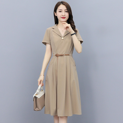休闲连衣裙女夏polo领短袖裙子气质通勤纯色轻熟职业女装a字裙