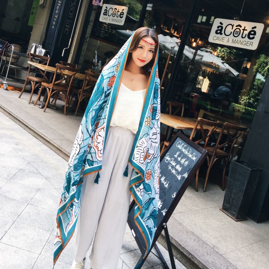 Xiaohongshu New Ethnic Style Scarf Summer Beach Travel Sunshade Silk Scarf Sunscreen Cotton and Linen Printed Shawl Wholesale