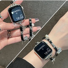 适用苹果applewatch9手表带牛仔蓝皮革双圈表链iwatch45678代女se