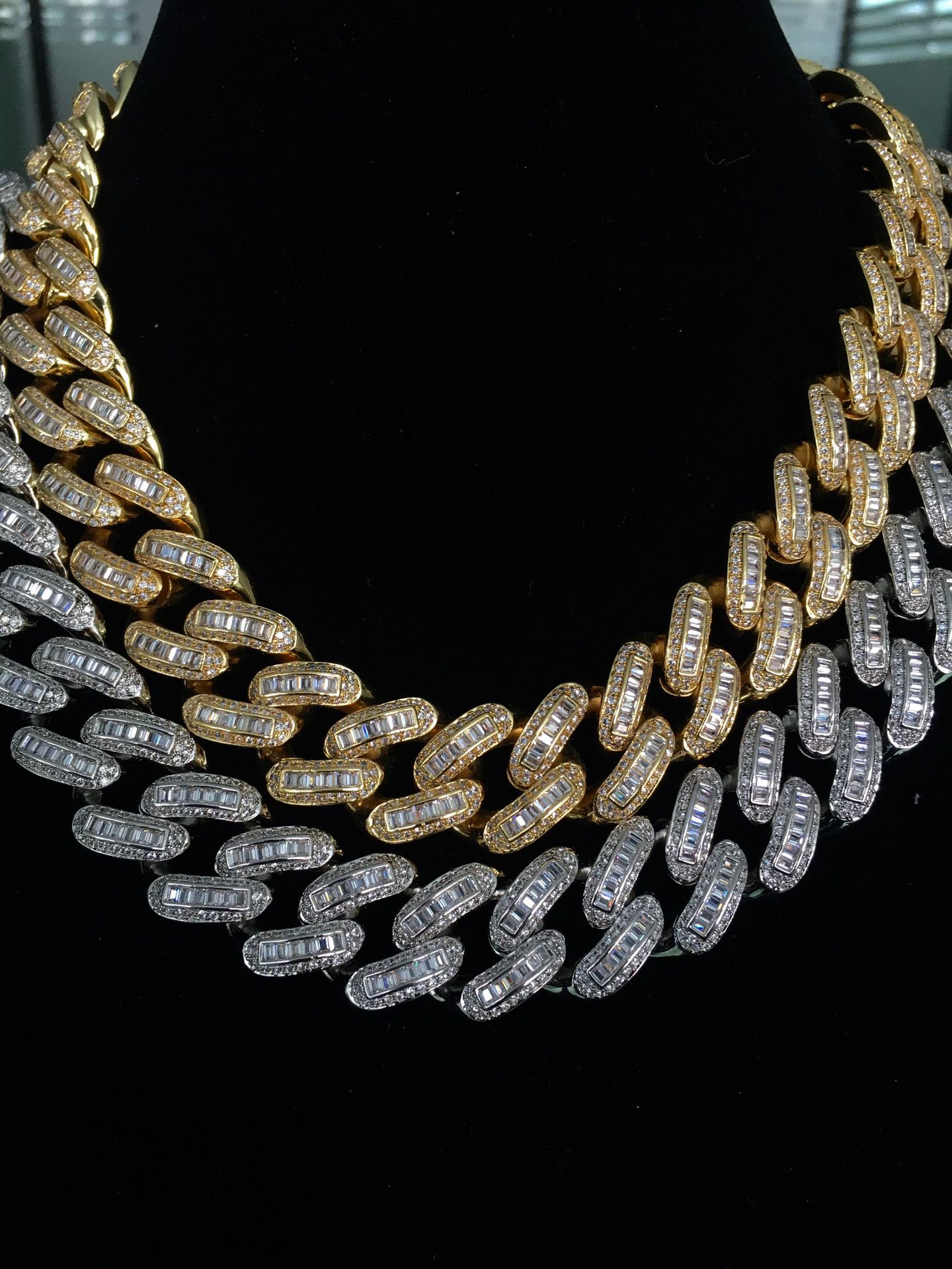 欧美嘻哈古巴链 方圆锆石混合镶嵌古巴链嘻哈项链 cuban chain