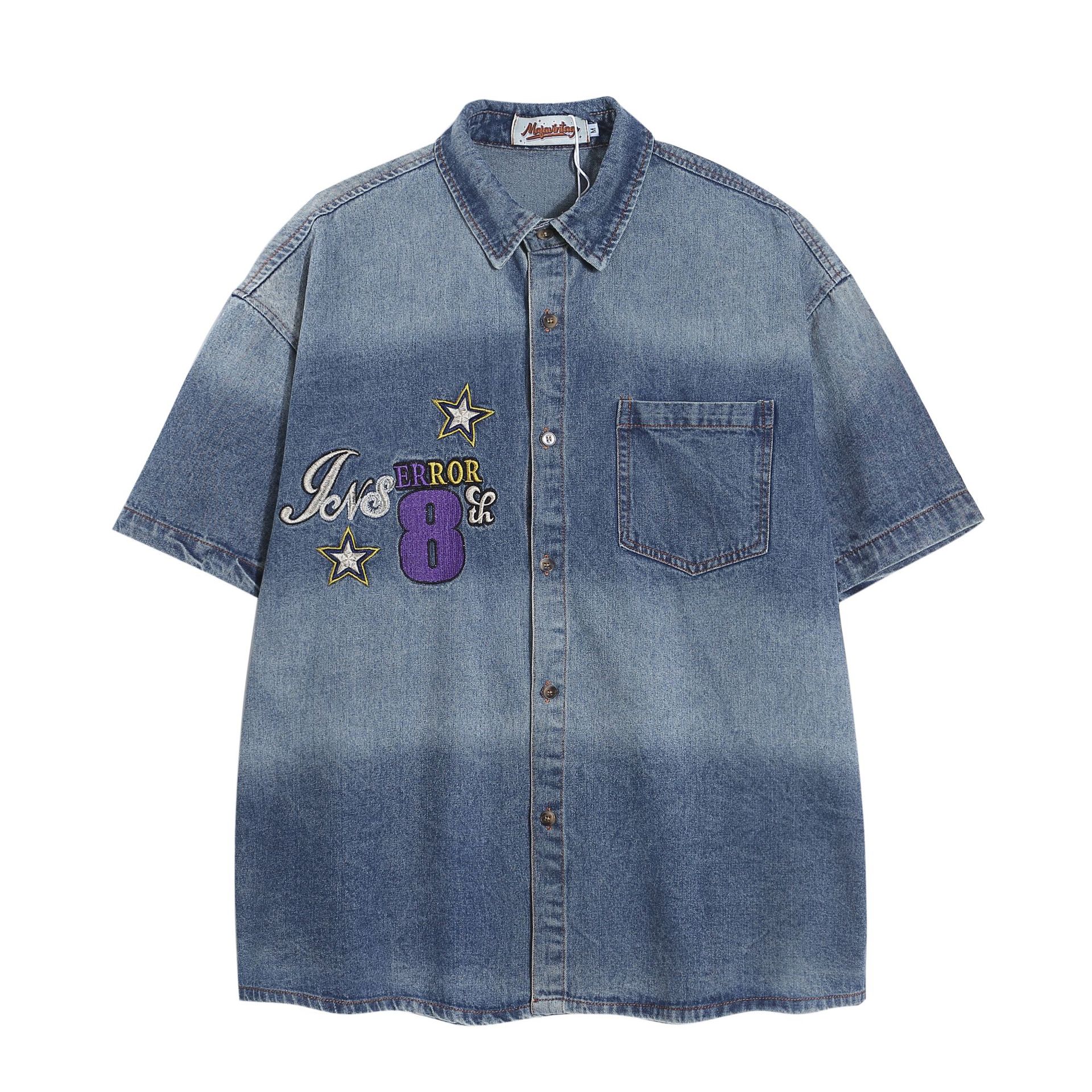 嘉衣库男装∣2024美系复古潮牌牛仔衬衫水洗吊染星星刺绣短袖衬衣