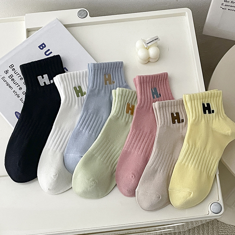 SocksSocks Women's Short Embroidered Letters H Basic Style Women's Socks Ins Trendy Pink Athletic Socks Spring and Summer Student Korean Socks