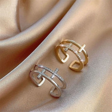 0653欧美时尚镶钻双层十字架戒指女韩版个性潮流光面开口戒指饰品