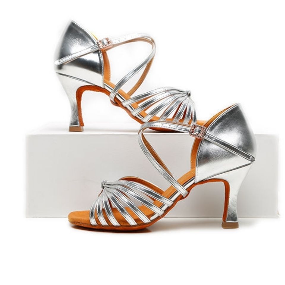 舞蹈鞋女软底跳舞鞋拉丁舞鞋高跟鞋女成人中跟新款鞋7.5银色黑色0