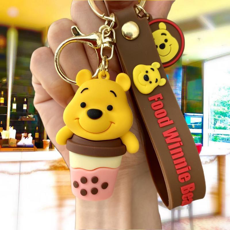 New Pooh Bear Keychain Cute Bear Donut French Fries Women's Bag Pendant Car Key Chain Small Gift