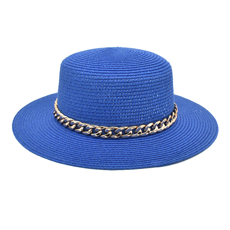 Acrylic Chain Straw Woven Flat-Top Cap Casual Retro Sun Hat Holiday Vacation Straw Hat Female Sun-Proof