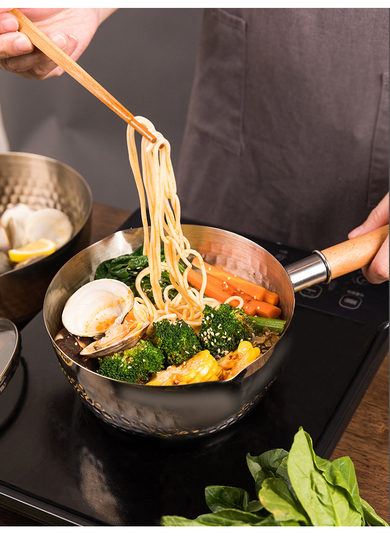 日本komeki.5244.不锈钢雪平锅但手柄煮面锅木柄-无盖18cm