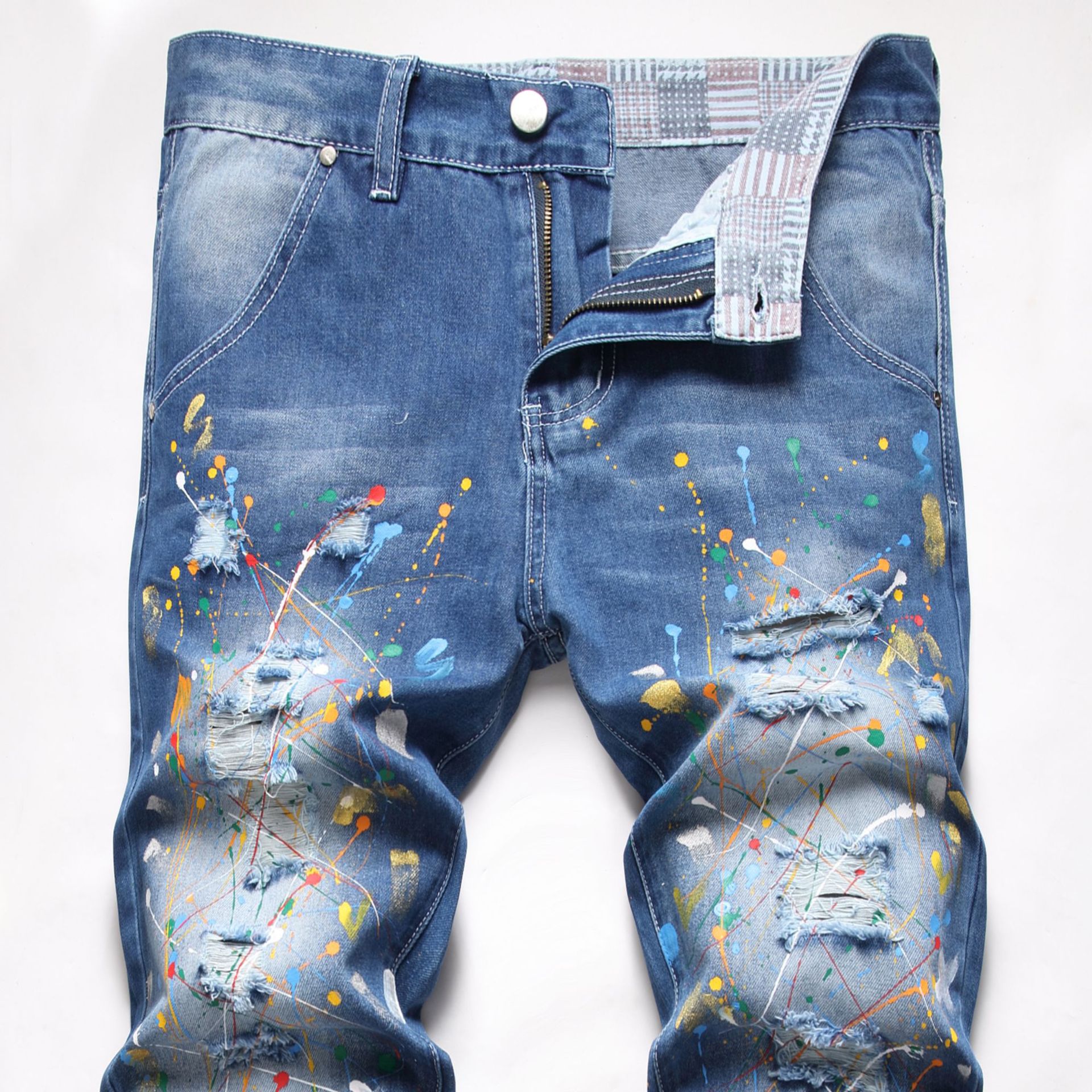 跨境ebay欧美嘻哈风格超酷手绘甩漆撞彩色破洞补丁小直筒牛仔裤男