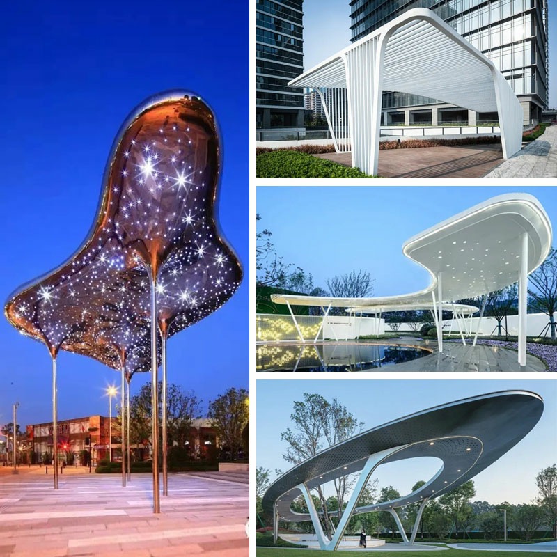户外大型不锈钢廊架雕塑广场园林钢结构金属长廊发光景观廊架飘带