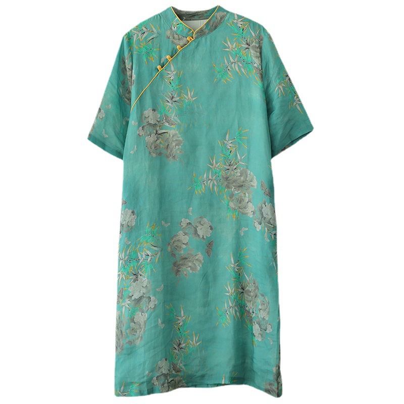 2023 Summer Dress Art Chinese Style Improved Cheongsam Cotton and Linen Skirt Loose Large Size Fashion Floral Print Frog Button Dress for Women