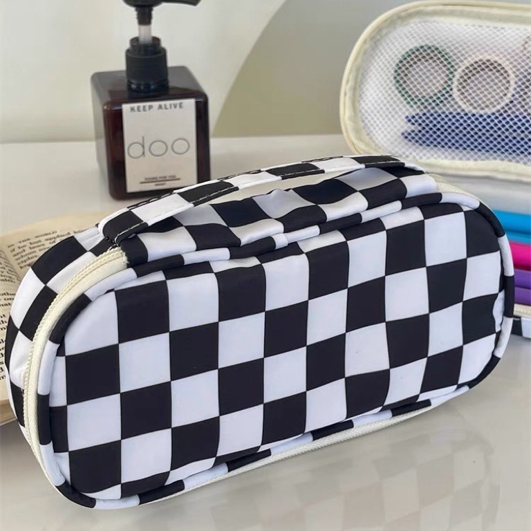 INS Style Simple Black and White Plaid Pencil Case Large Capacity Student Niche Couple Buggy Bag Stationery Box Pencil Box