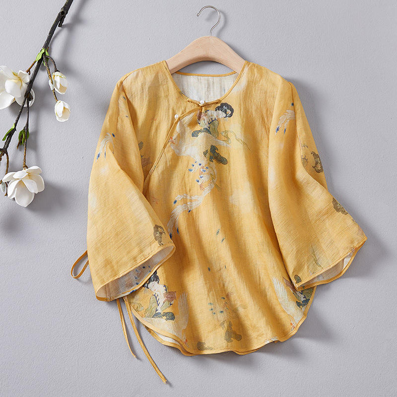 卿淑斋复古倒大袖上衣女七分袖苎麻女装宽松日常上衣夏季新款