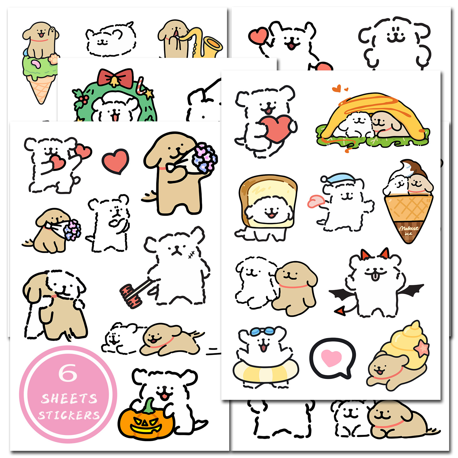 6张马尔济斯线条小狗切膜贴纸可爱ins风爆款韩系卡通素材装饰贴画