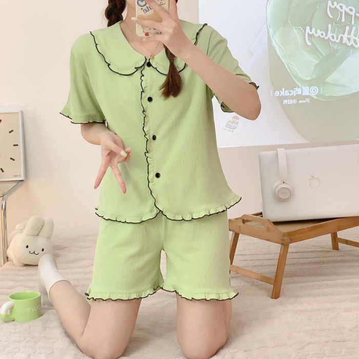 Summer New Pajamas Women's Knitted Artificial Cotton Champray Lapel Cardigan Short Sleeve Shorts Sweet Girl Home Wear Suit