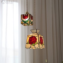 日式复古美式彩色玻璃郁金香黄铜卧室走廊床头玄关餐厅小吊灯