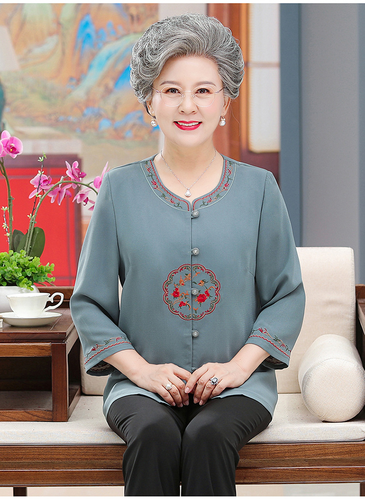 中老年人春装女奶奶装衬衫套装60-70-80岁妈妈夏装衬衣老人衣服薄