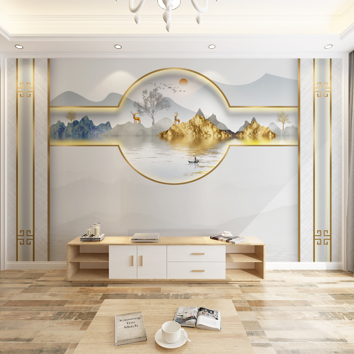 现代麋鹿山水壁画3d新中式电视背景墙壁纸8d客厅茶室墙纸无缝墙布