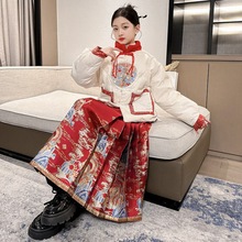 女大童冬季汉服白鸭绒羽绒服2024新款中国风织金马面裙套装新年服