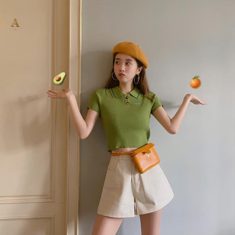 绿色系t恤女牛油果绿上衣泫雅风同款衣服学院露脐短袖紧身polo领