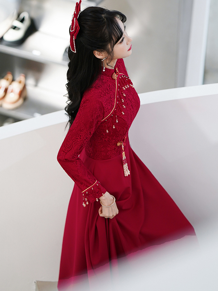 敬酒服新娘2022年春季新款酒红色结婚订婚长袖长款旗袍回门礼服女