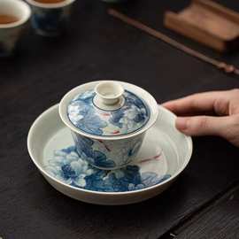 陶瓷三才盖碗茶杯单个青花釉下彩可悬停浮泡茶碗不烫手高档茶具功