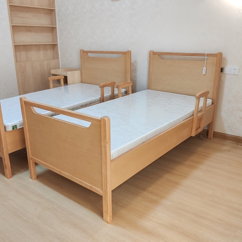 全实木老人床带护栏扶手床养老院老年人单人床手动双摇单摇护理床