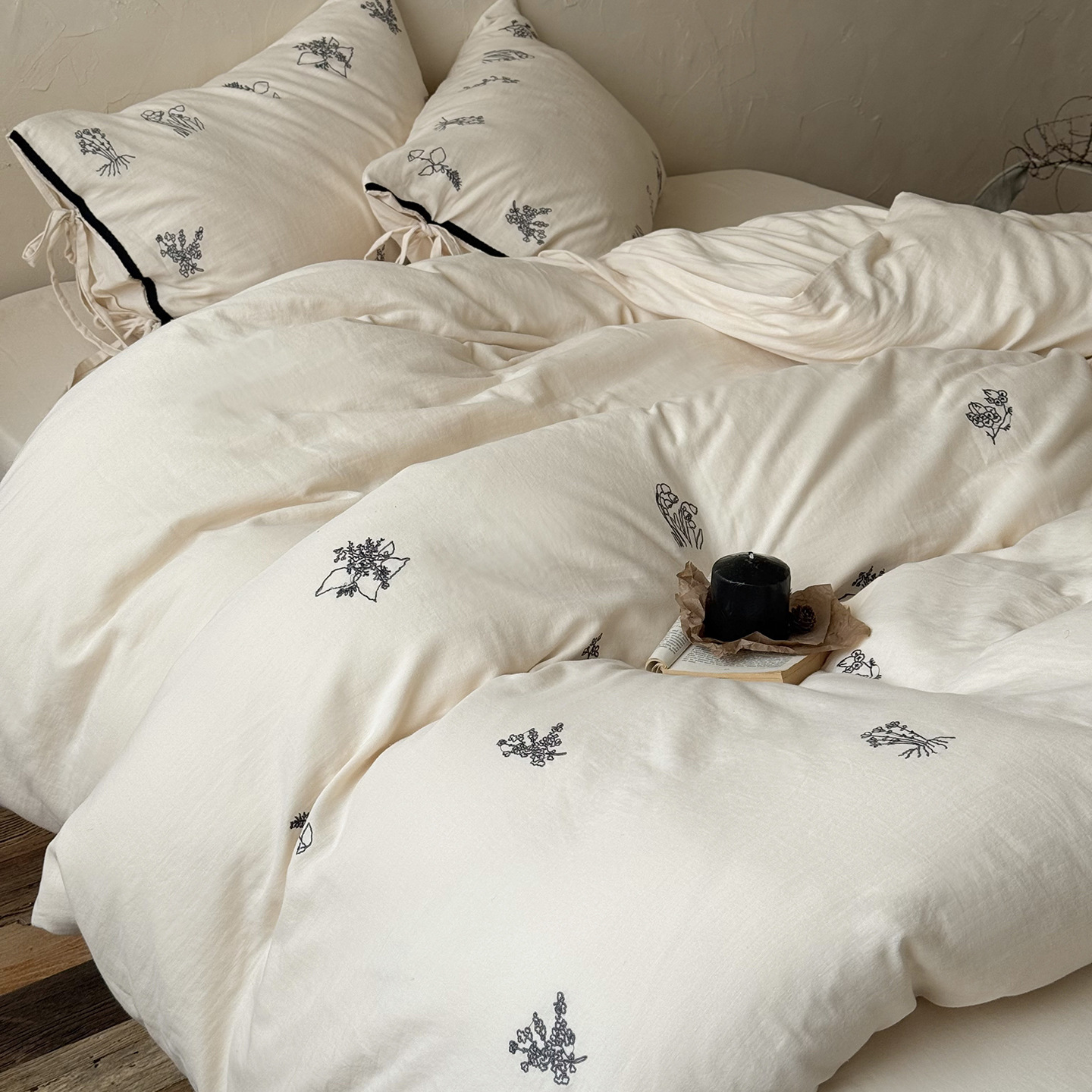 法式全棉双层纱四件套绑带式柔软皱皱纱布纯棉刺绣被套床单床笠