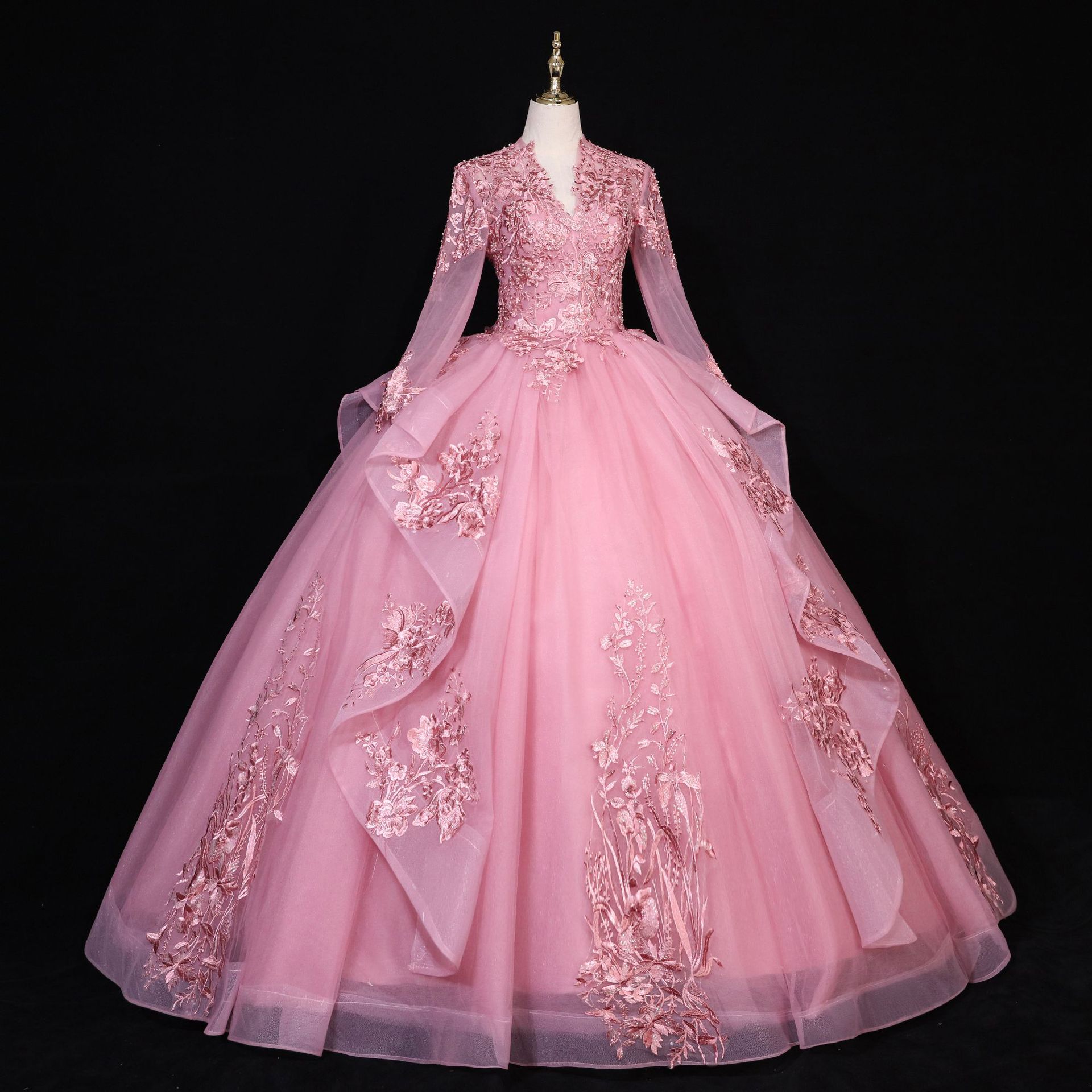 跨境婚纱礼服2022新娘结婚彩纱声乐独唱艺考主持演出服长袖蓬蓬裙