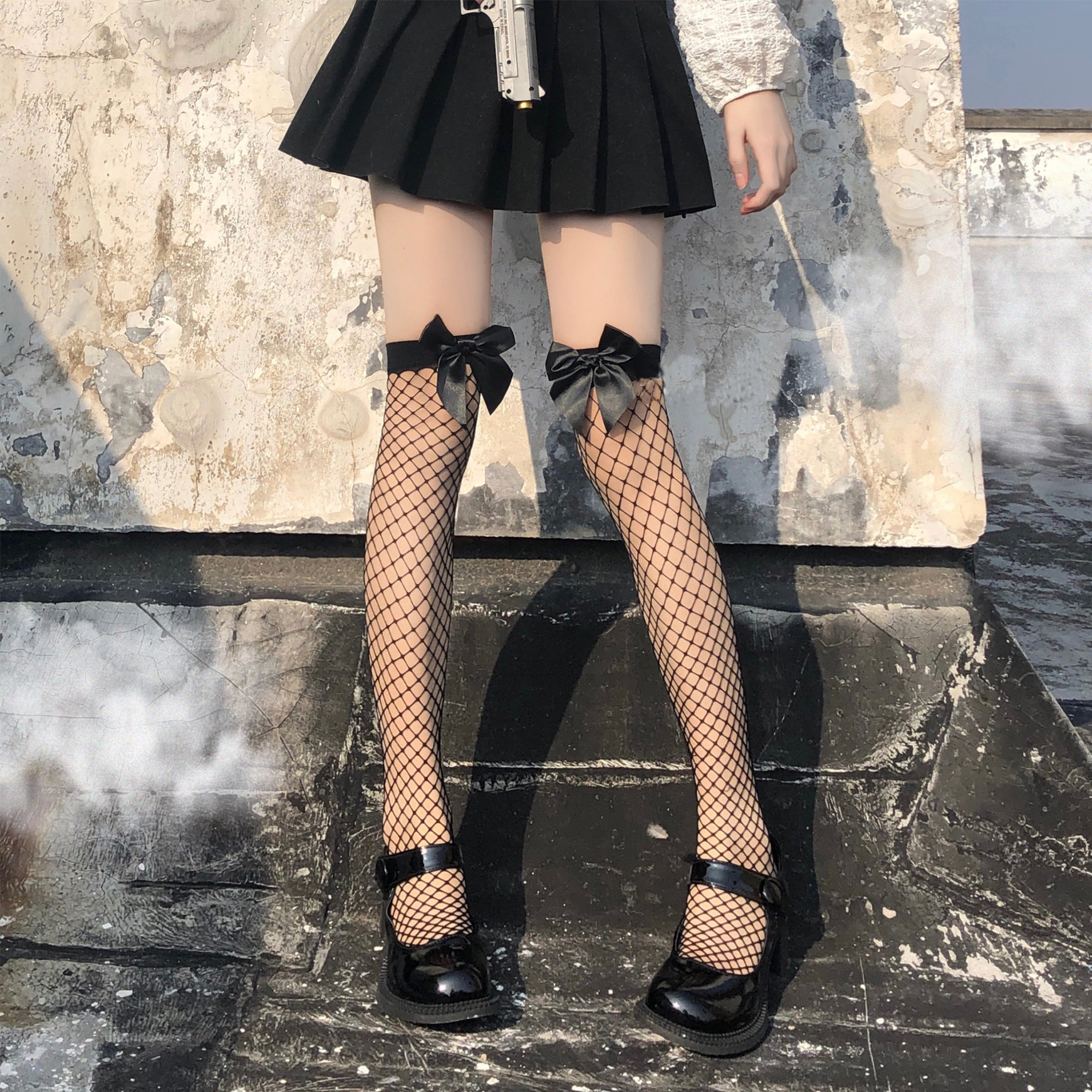 夏季黑丝lolita花边袜子女长筒jk渔网蝴蝶结日系辣妹洛丽塔过膝袜