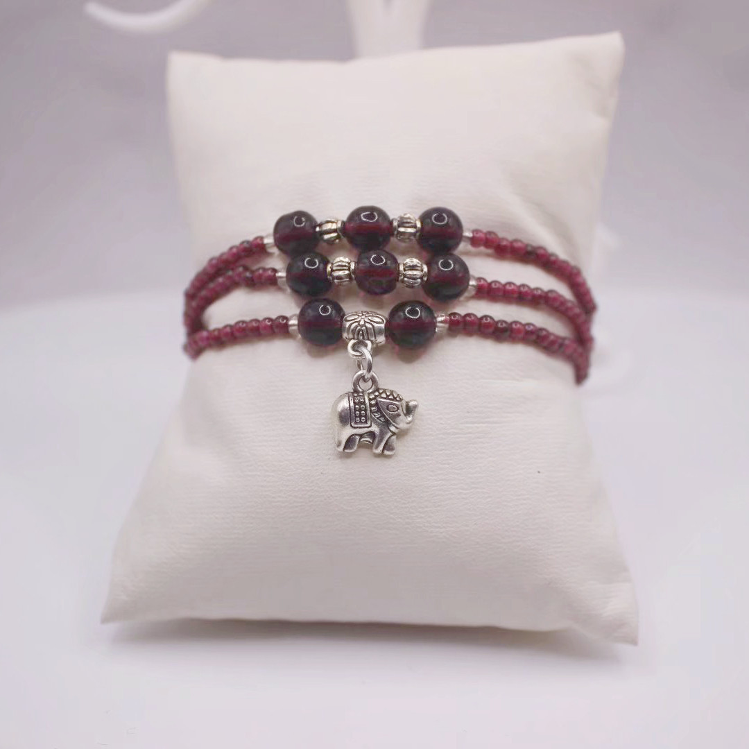 鑫石天然酒红石榴石手链女多圈手串 厂家直供手工编织时尚手链