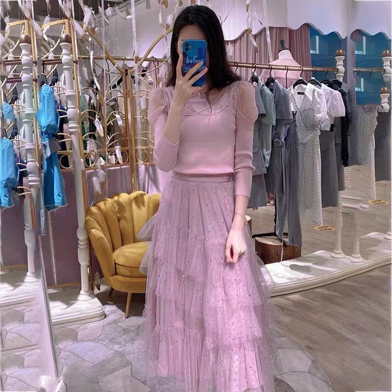 专柜同款2021早秋季新款网纱蛋糕裙半身裙中长款超仙女裙粉色纱裙