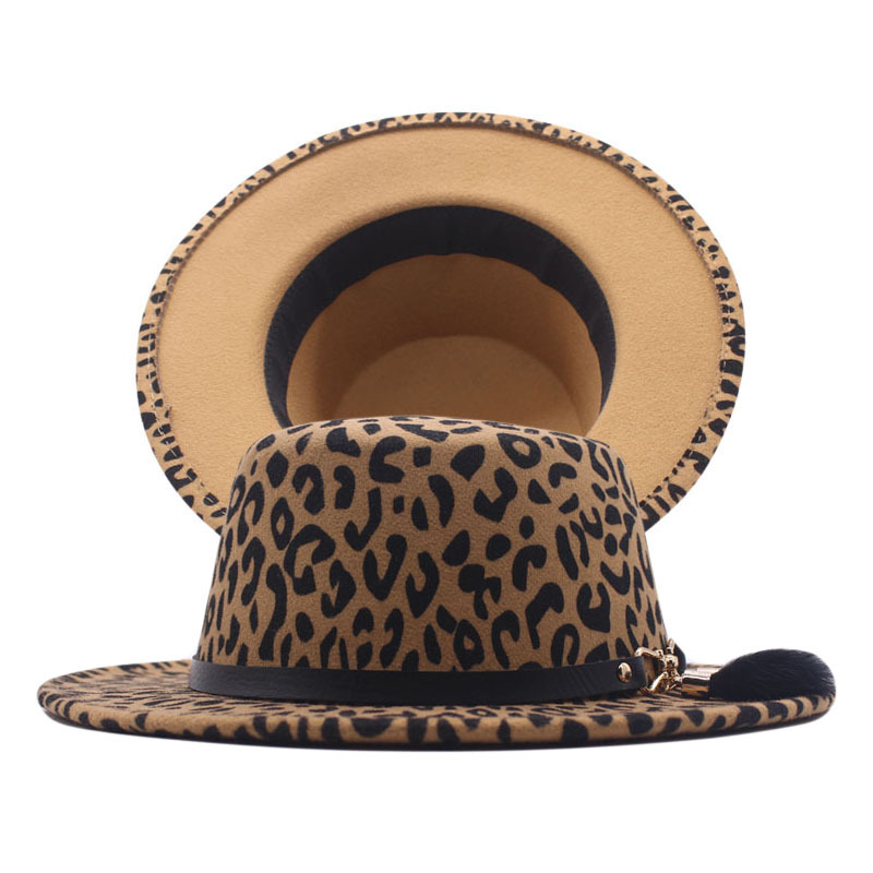 外贸欧美新款豹纹平顶毛呢礼帽赌徒帽男女情侣秋冬兔毛配饰保暖帽