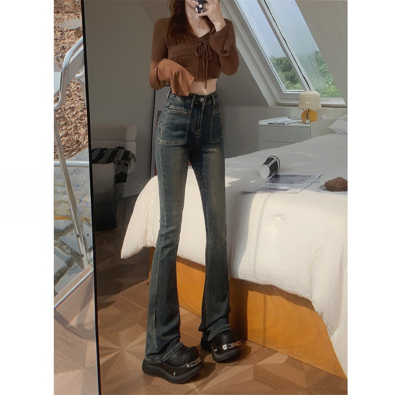 Retro Cement Gray Skinny Jeans Women's High Waist 2023 Autumn New Elastic Skinny Slimming Mopping Floor Bell-Bottom Pants