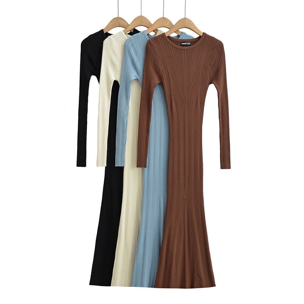 圆领几何纹理针织鱼尾裙女22秋新款欧美风ins辣妹长袖包臀连衣裙