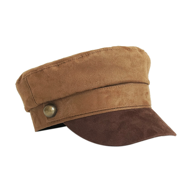 薄麂皮绒海军帽 春夏女鸭舌帽网红明星款平顶棕色大头围小号帽子