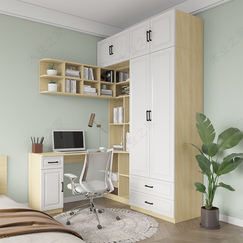 衣柜书桌一体组合转角实木小户型带书柜加拐角电脑桌儿童房学习桌