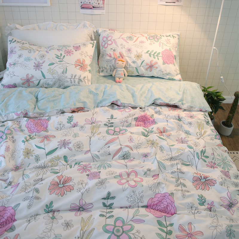 Fresh Three-Piece Dormitory Single American Idyllic Hand Painted Small Floral Cotton Bed Sheet Quilt Cover Four-Piece Bed Set