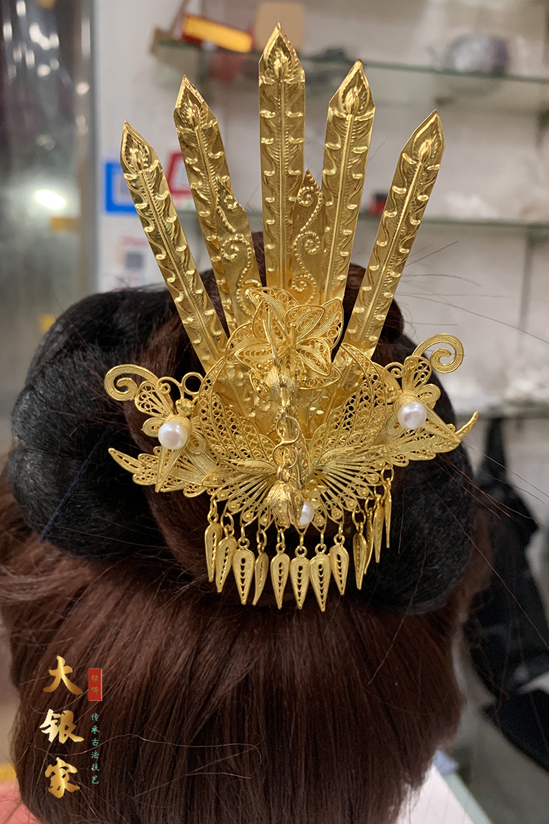 大银家99足银镀金古风后压凤钗花丝工艺制作錾刻七尾凤凰汉服发钗