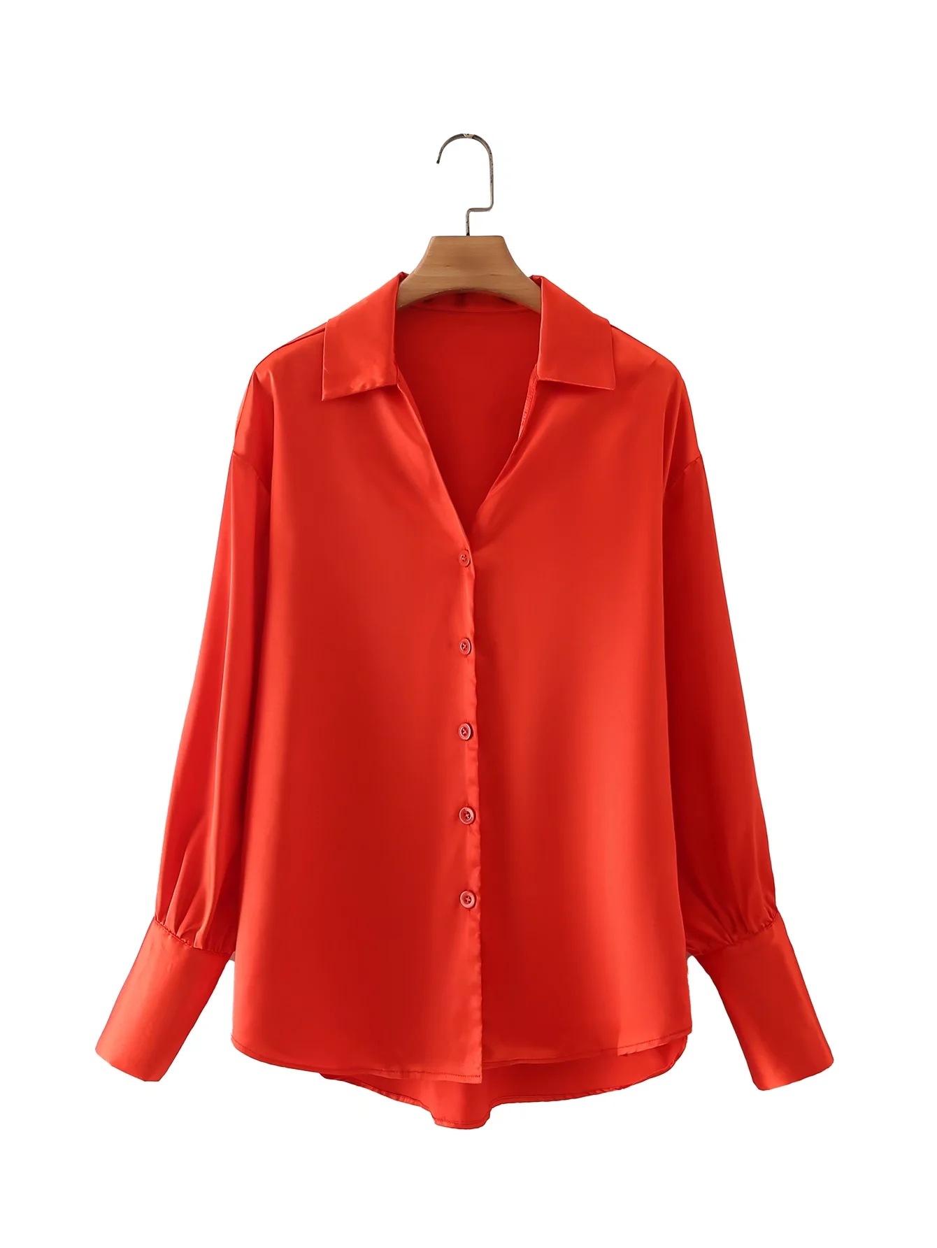 2021秋季新款欧美外贸女装色丁翻领衬衫橘红色长袖