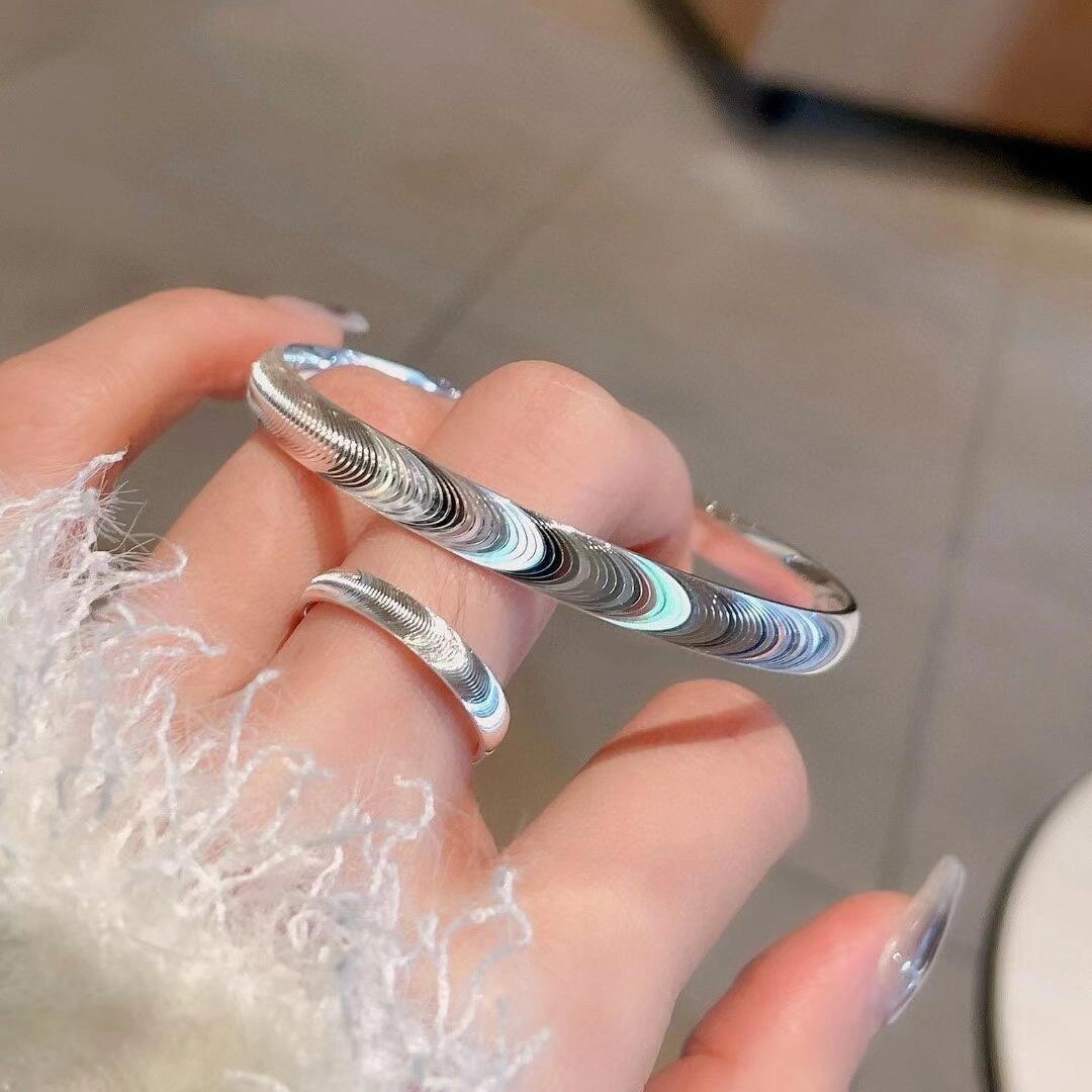 足银猫眼戒指9999纯银素圈戒指女新款开口拉丝小众设计可调节指环