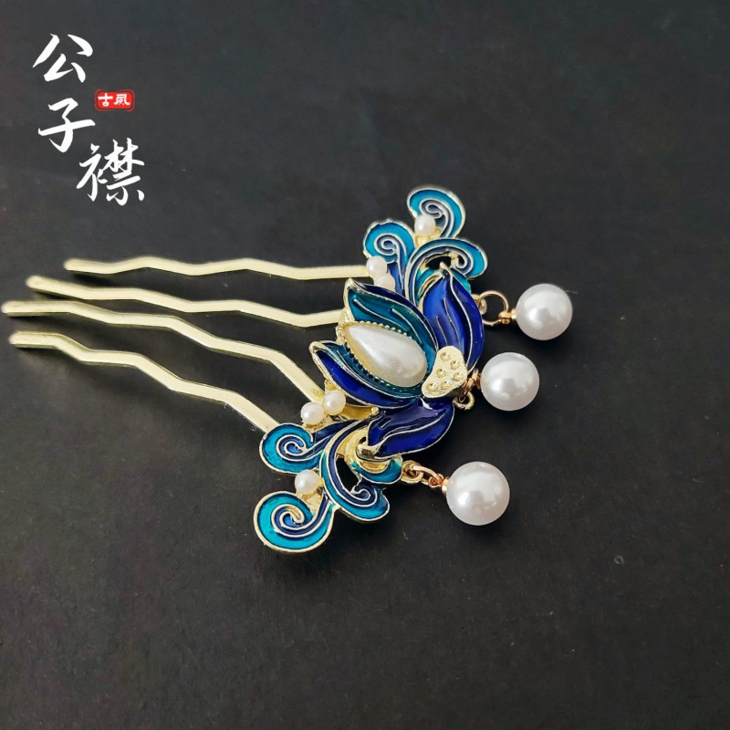 古风汉服发梳唐风莲花珍珠蝴蝶发簪明制古风旗袍u型发饰宫廷插梳