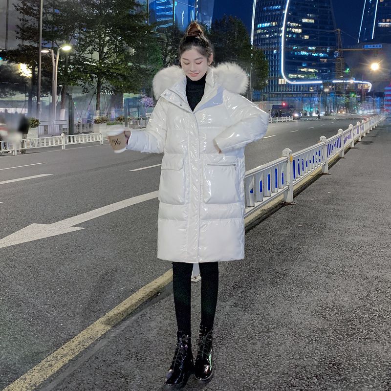 白色亮面免洗白鹅绒羽绒服女2023新款冬季中长款高端时尚防风加厚