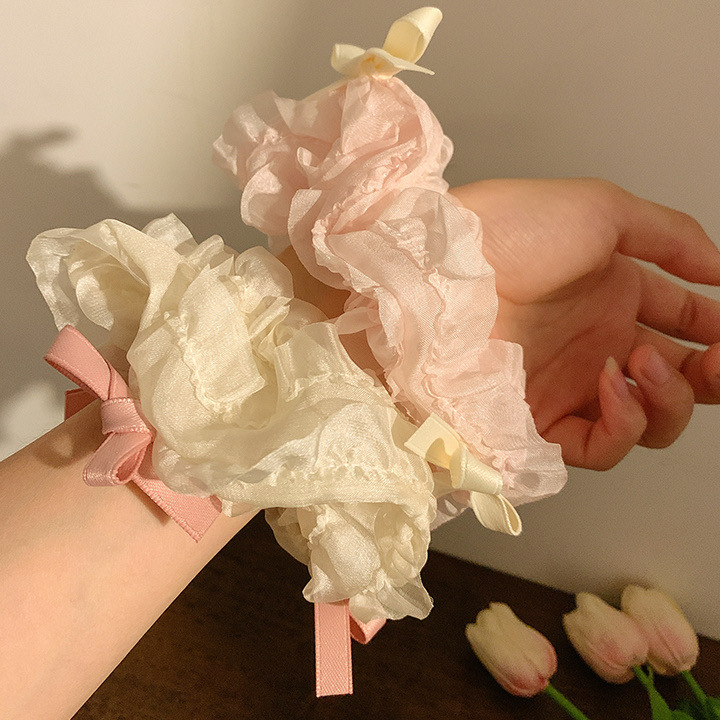 Ballet Style Bow Ribbon Cream Hair Rope Mori Fairy Beautiful Large Intestine Hair Ring Headdress Flower Headwear Hair Accessories Hair Ring Girls